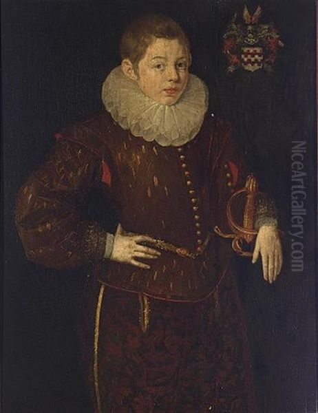 A Portrait Of Othon D'arckel, Aged 10, Wearing A Red Suit With A White Lace Collar, Holding A Sword - view 1