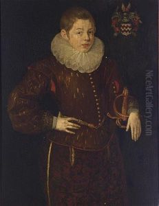 A Portrait Of Othon D'arckel, Aged 10, Wearing A Red Suit With A White Lace Collar, Holding A Sword
