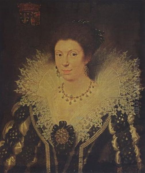 A Portrait Of Marie D'enghien De Kestergat, Wearing A Black And White Satin Dress Decorated With Pearls, Together With An Elaborate Lace Collar, A Headdress, A Golden Necklace And Earrings - view 1
