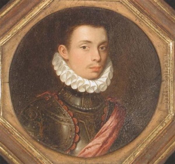 Portrait Of A Young Man In Armour With A White Ruff And A Red Sash by Frans Pourbus the younger