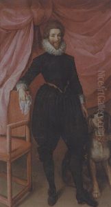 Portrait Of Henri De Lorraine, Duc De Guise, Called Le Balafre, With A Dog Sitting At His Side by Frans Pourbus the younger