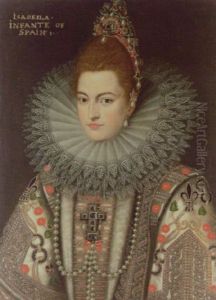 Portrait Of The Infanta Isabella Of Spain Wearing A Richly Embroidered Robe, White Ruff And Pearl Necklace by Frans Pourbus the younger