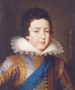 Portrait Of King Louis Xiii Of France In A Gold Embroidered Lilac Doublet With A Blue Sash