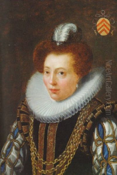 Portrait Of A Lady In Black Dress With Blue And White Slashed Sleeves And A Ruff - view 1