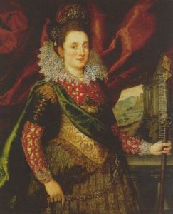 Portrait Of A Lady, In A Jeweled Dress, Standing By A Balustrade, A Classical Temple Beyond