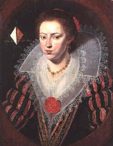 Portrait Of A Young Lady Of The Joigny De Pamele Family, Bust Length, Wearing A Black And Red Silk Dress by Frans Pourbus the younger