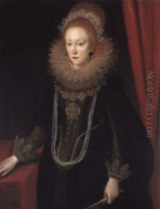 Portrait Of A Lady In A Black Embroidered Dress, Holding A Fan