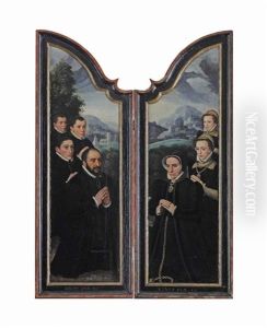 Two Altar Wings Depicting A Male Donor With Three Sons And A Female Donor With Two Daughters, Praying Before A Classical Landscape Two Altar Wings Depicting A Male Donor With Three Sons And A Female Donor With Two Daughters, Praying Before A Classical Landscape