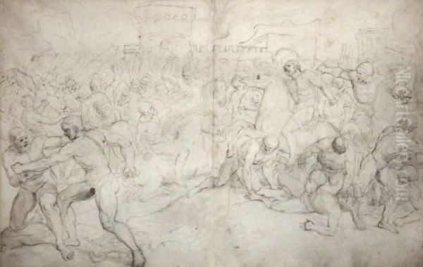 Choc De Cavalerie Devant Une Villeplume Et Encre Brune Sur Traits De Crayon Noir, Lavis Gris Sur Deuxfeuilles Jointes, Epidermures Et Taches. - view 1