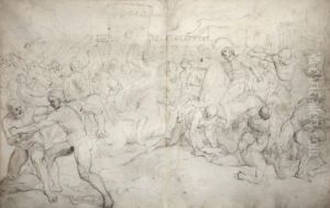 Choc De Cavalerie Devant Une Villeplume Et Encre Brune Sur Traits De Crayon Noir, Lavis Gris Sur Deuxfeuilles Jointes, Epidermures Et Taches. Choc De Cavalerie Devant Une Villeplume Et Encre Brune Sur Traits De Crayon Noir, Lavis Gris Sur Deuxfeuilles Jointes, Epidermures Et Taches.