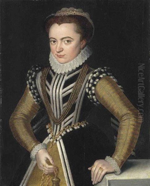 Portrait Of A Lady, Half-length, In A Black Dress With White Fur Trim And A Golden Underskirt And Sleeves, With A Pomander In Her Right Hand Attached... - view 1