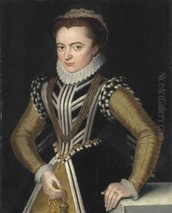 Portrait Of A Lady, Half-length, In A Black Dress With White Fur Trim And A Golden Underskirt And Sleeves, With A Pomander In Her Right Hand Attached... by Pieter Pourbus