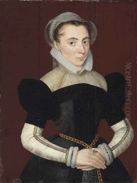 Portrait Of A Woman, Half-length, In A Black Dress With White Sleeves, A Bonnet, And A Gold Chain Around Her Waist - view 1