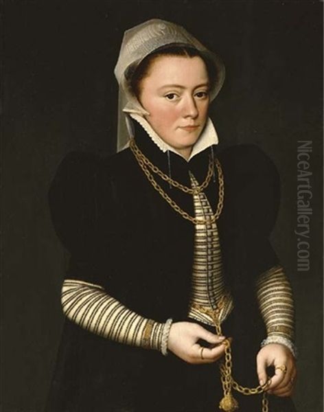 Portrait Of A Lady Wearing A Striped Bodice And Black Coat, Holding A Pomander On A Gold Chain - view 1