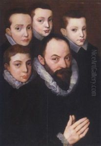A Family Portrait Of A Gentleman And His Four Sons All Wearing Black With White Ruffs