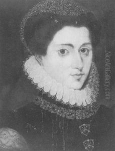 Portrait Of A Lady Wearing A Black Dress With Orange Sleeves, A White Ruff, A Jewelled Necklace And Headdress