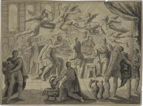 An Allegorical Scene With Angels And Devils Fighting Above Anobleman's Dining Table - view 1
