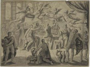 An Allegorical Scene With Angels And Devils Fighting Above Anobleman's Dining Table by Franois Boitard
