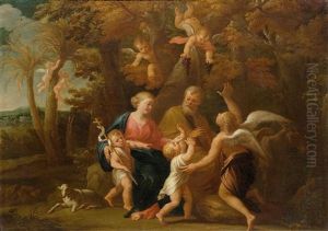 The Holy Family With John The Baptist And Putti In A Landscape by Nicolas Poussin