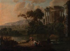 River Landscape With Shepherds Near The Ruins Of A Roman Temple by Nicolas Poussin