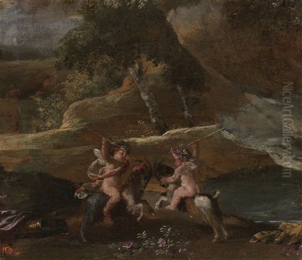 Two Putti Fighting, Mounted On Goats - view 1