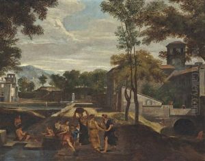 An Italianate Landscape With Classical Figures Conversing In The Foreground by Nicolas Poussin