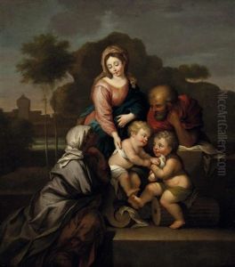 Die Heilige Familie Mit Dem Johannesknaben Und Der Heiligen Anna In Landschaft by Nicolas Poussin