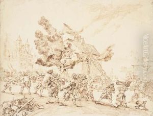 Une Maison En Feu Avec Des Figures Essayant D'eteindre Le Feu by Louis P. Boitard