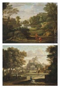 A Classical Landscape With Diogenes Casting Away His Drinking Cup (+ A Classical Landscape With The Gathering Of The Ashes Of Phoican; Pair) by Nicolas Poussin