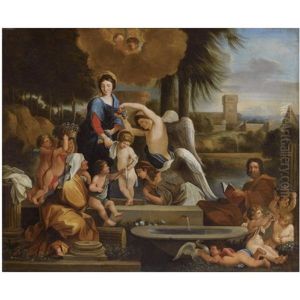 The Holy Family Together With Saint Elizabeth, The Infant Saint John And Putti, In An Arcadian Landscape by Nicolas Poussin