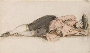 Study Of A Sleeping Violinist, Wearing A Tricorne And Holding Hisviolin Under His Arms by Louis P. Boitard