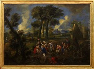 Expansive Arcadian River Landscape With Laundresses In The Foreground