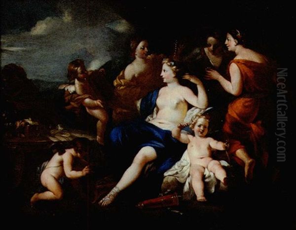 Goddess With Her Attendants And Cherubs In A Classical Landscape - view 1