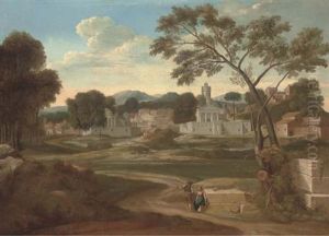A Classical Landscape With Figures Resting In The Foreground by Nicolas Poussin