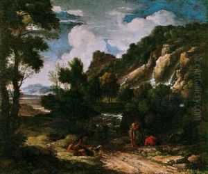 Figures With A Dog On A Path Near A Waterfall With An Extensive Landscape Beyond Figures With A Dog On A Path Near A Waterfall With An Extensive Landscape Beyond