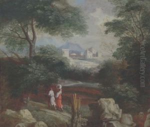Landskab Med Gaende I Forgrunden Og Hojtliggende By I Baggrunden by Nicolas Poussin