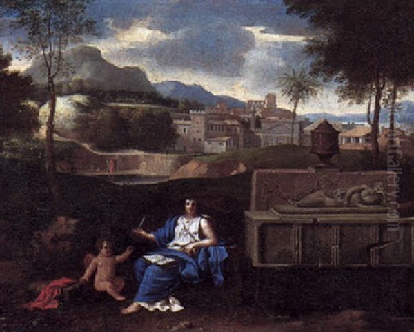A Classical Landscape With A Sibyl Writing, Assisted By A Putto, Beside A Tomb - view 1