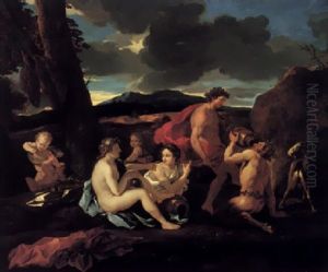 A Bacchanal With Stayrs And Other Figures In A Landscape by Nicolas Poussin