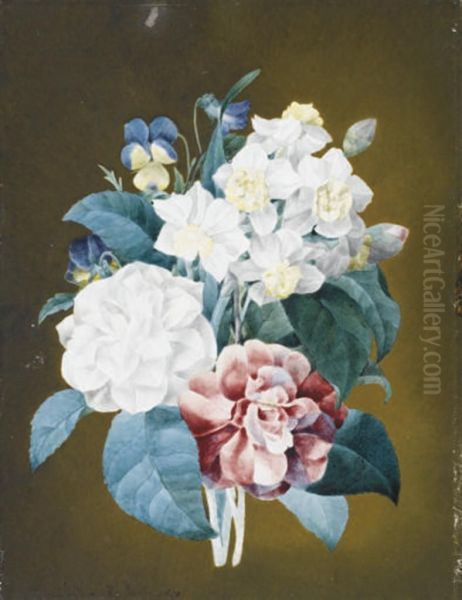 Un Bouquet De Pensees, Jonquilles Et Camelia - view 1