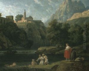 Classical Landscape With Figures Resting Near River by Nicolas Poussin