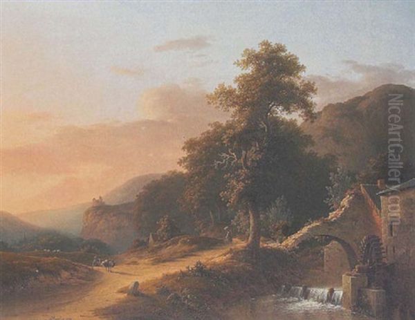 Gebirgslandschaft Mit Einer Muhle Am Wasserfall - view 1