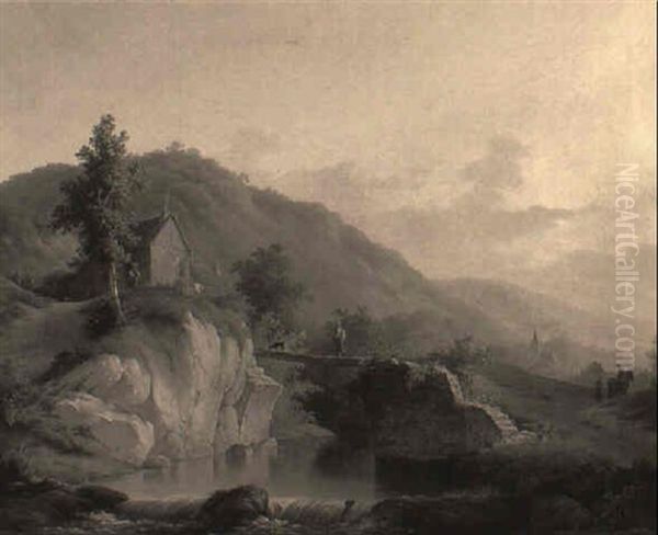 An Extensive Hilly Landscape With Figure And Dog On A Bridge - view 1