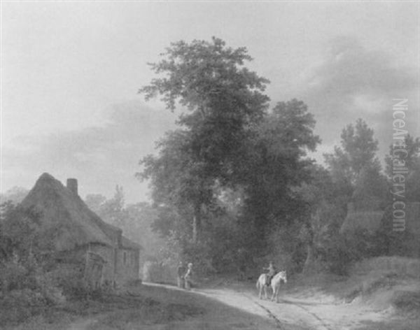 A Traveller On Horseback Conversing With Peasants By A Farm, At The Edge Of A Wood, At Sunset - view 1