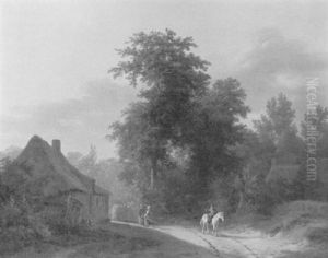 A Traveller On Horseback Conversing With Peasants By A Farm, At The Edge Of A Wood, At Sunset by Martinus Pouwelsen