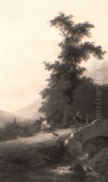 Figuren Op Een Brug In Een Berglandschap - view 1