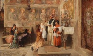 Christening In The Lower Basilica Of San Francesco In Assisi With Frescoes By Simone Martini In The Background by Vicente Poveda Y Juan