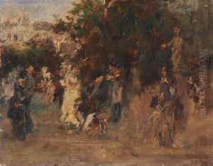 Elegante Gesellschaft In Einem Park Promenierend by Vicente Poveda Y Juan