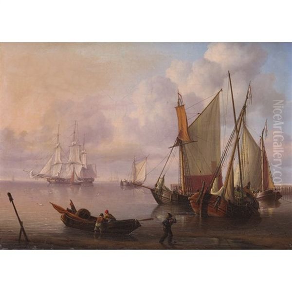 Ships At Anchor In Calm Seas By A Jetty - view 1