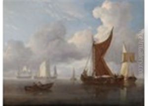 Fishing Boats And A Ship In Calm Seas by Charles Martin Powell