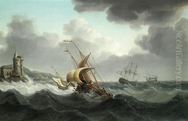 Shipping In Rough Waters Off A Fortified Headland - view 1